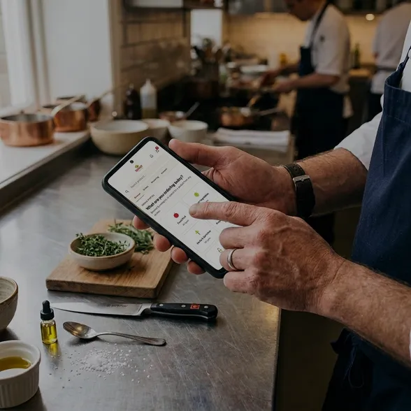 Chef reviewing an order on the Fanfruit Order Portal from a phone