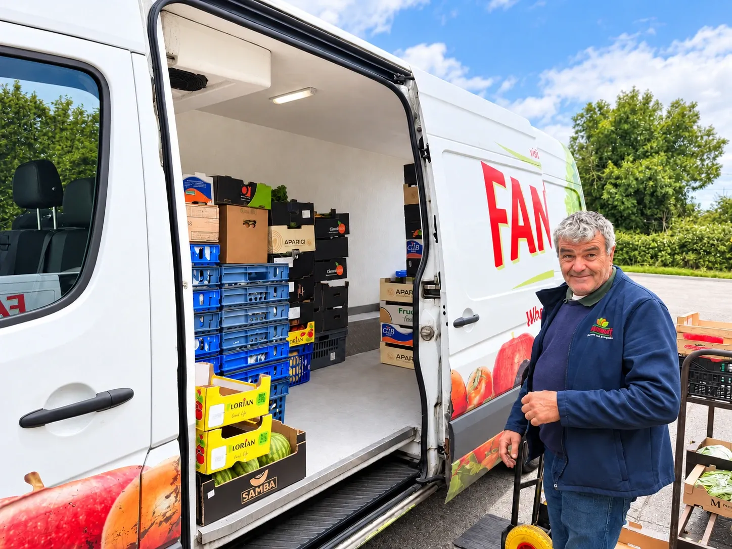 Fanfruit driver standing beside a refrigerated delivery van loaded with crates of fresh produce